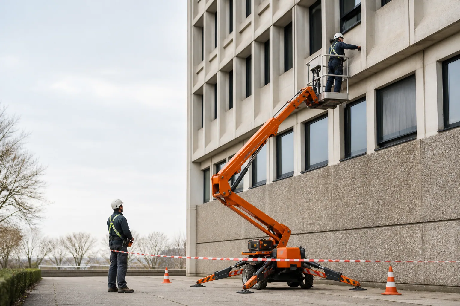 Une nacelle élévatrice orange intervient sur un bâtiment avec un technicien dans le panier et un opérateur au sol, dans le secteur de Cergy.