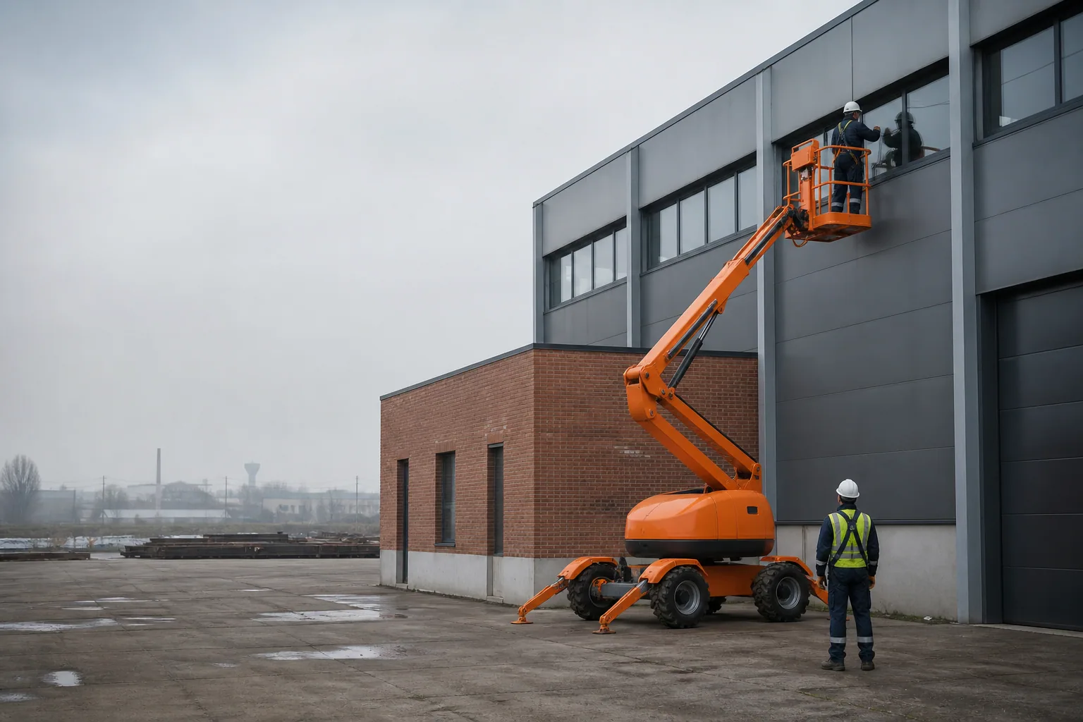 Une nacelle élévatrice orange intervient sur un bâtiment avec un technicien dans le panier et un opérateur au sol, dans le secteur de Chalon-sur-Saône.