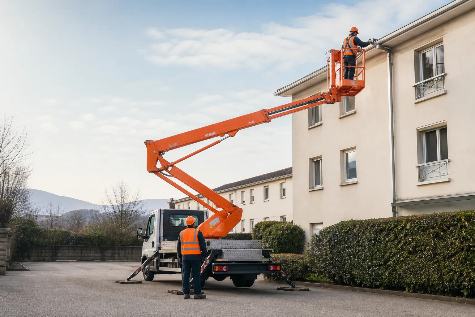 Une nacelle élévatrice orange intervient sur un bâtiment avec un technicien dans le panier et un opérateur au sol, dans le secteur de Chambéry.