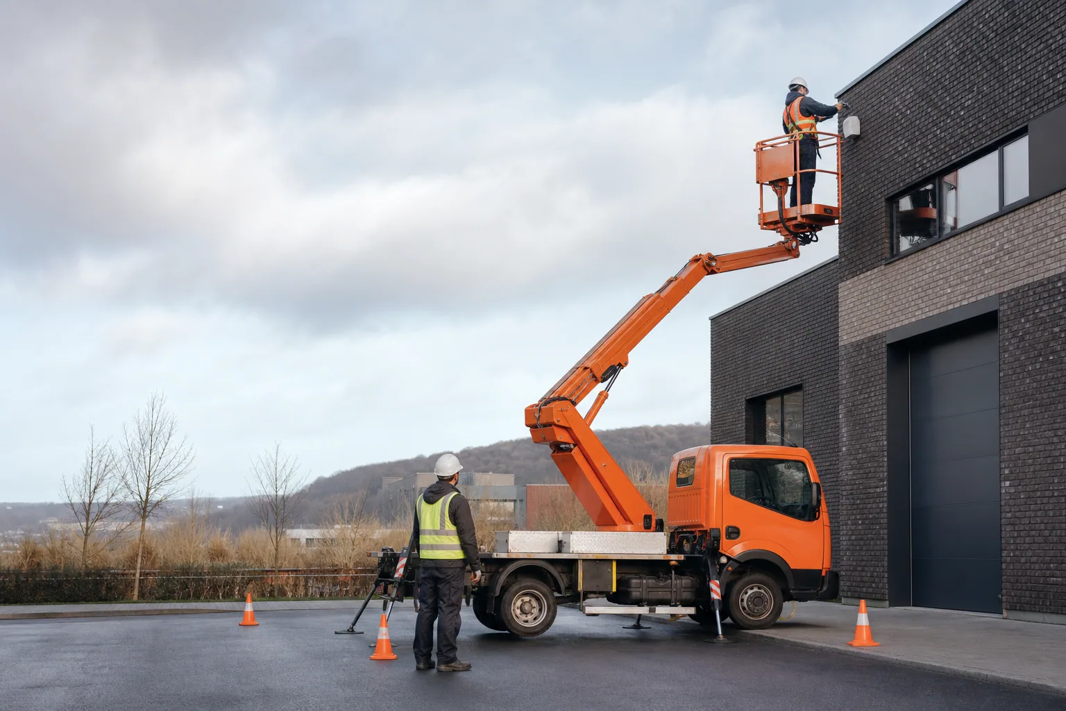 Une nacelle élévatrice orange intervient sur un bâtiment avec un technicien dans le panier et un opérateur au sol, dans le secteur de Charleville-Mézières.