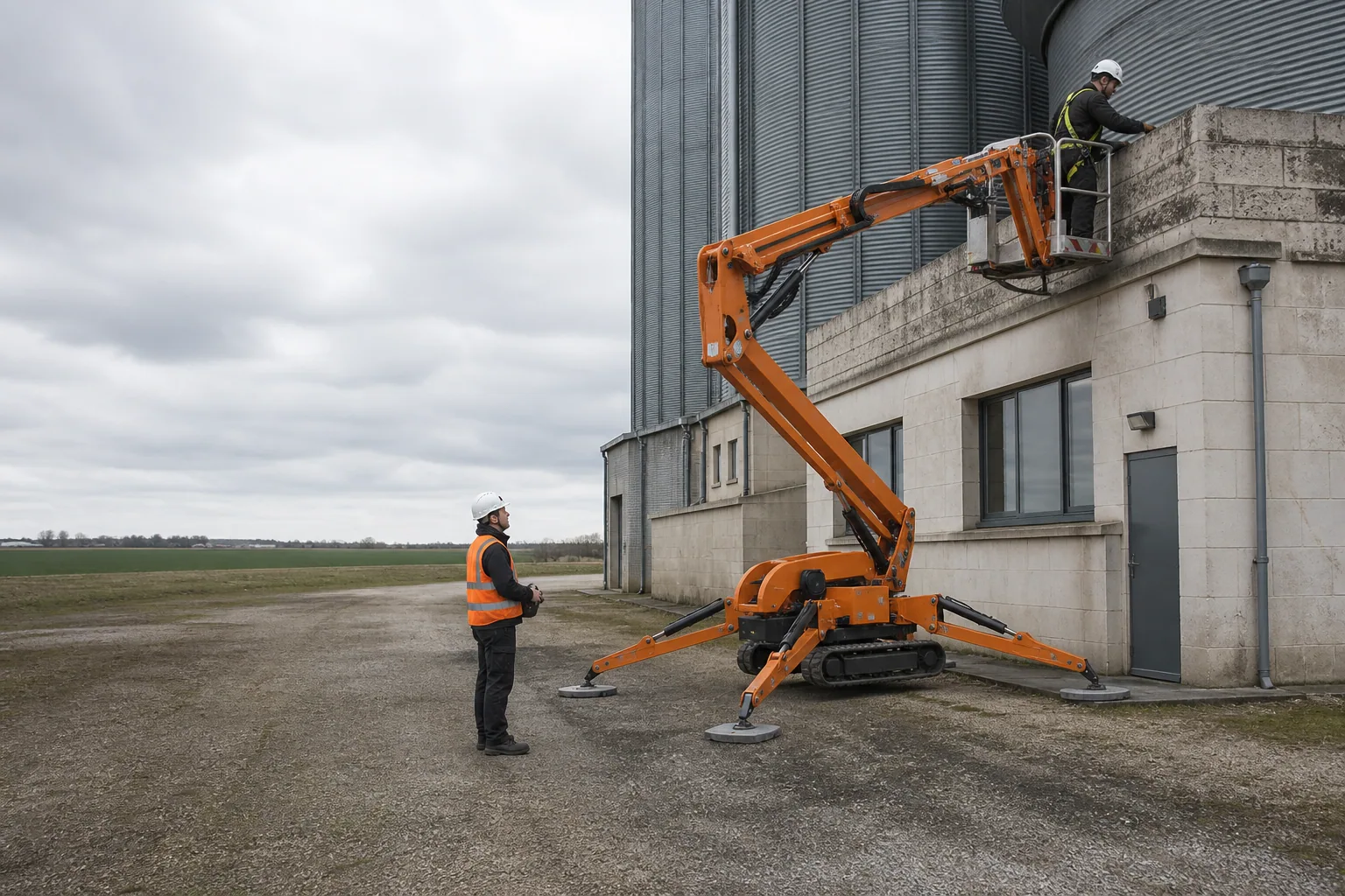 Une nacelle élévatrice orange intervient sur un bâtiment avec un technicien dans le panier et un opérateur au sol, dans le secteur de Chartres.