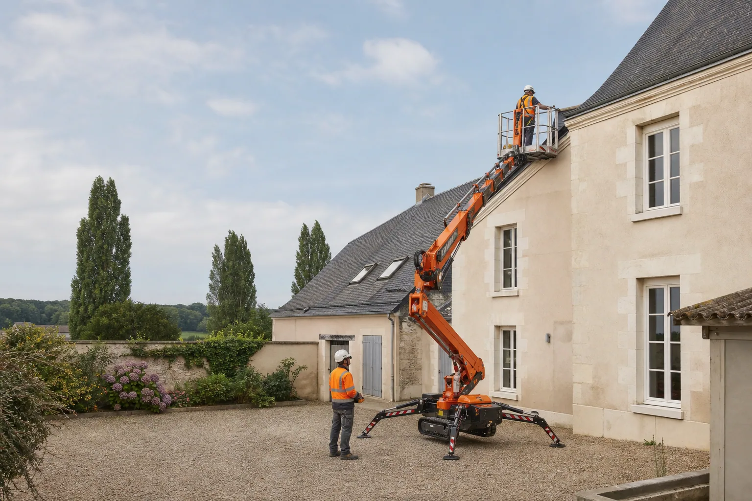 Une nacelle élévatrice orange intervient sur un bâtiment avec un technicien dans le panier et un opérateur au sol, dans le secteur de Châteauroux.