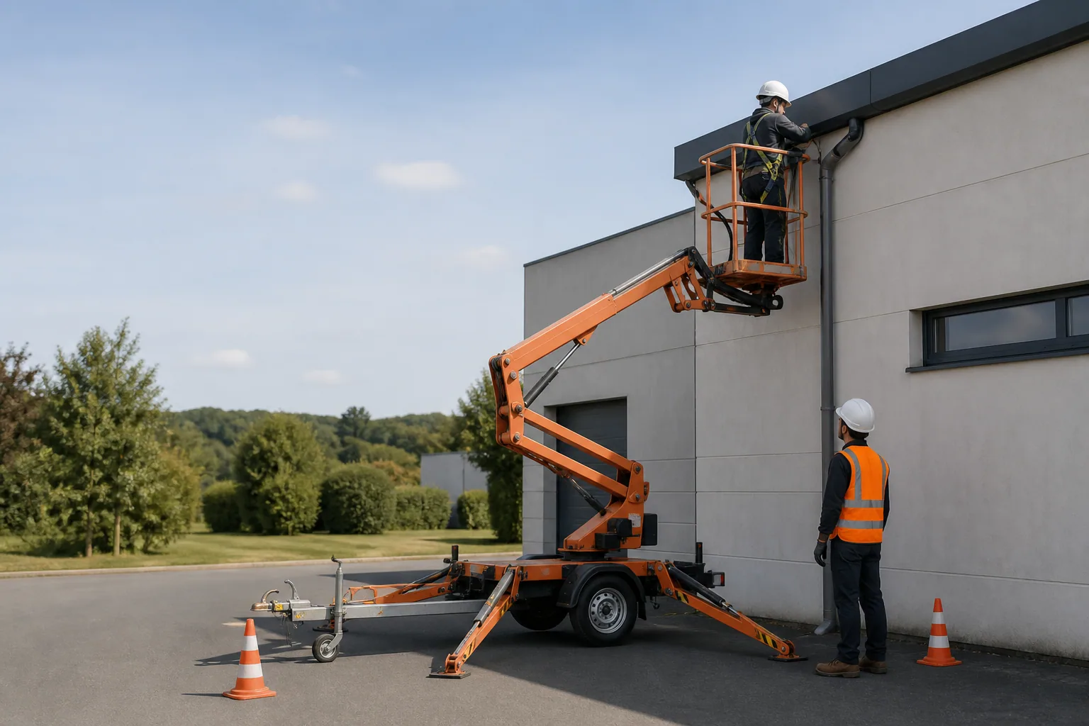 Une nacelle élévatrice orange intervient sur un bâtiment avec un technicien dans le panier et un opérateur au sol, dans le secteur de Châtellerault.
