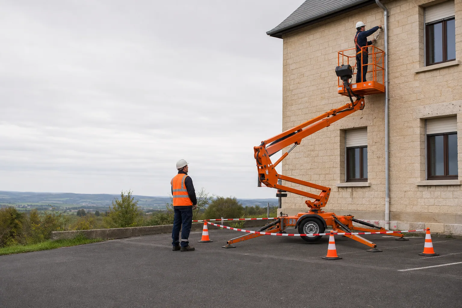 Une nacelle élévatrice orange intervient sur un bâtiment avec un technicien dans le panier et un opérateur au sol, dans le secteur de Chaumont.