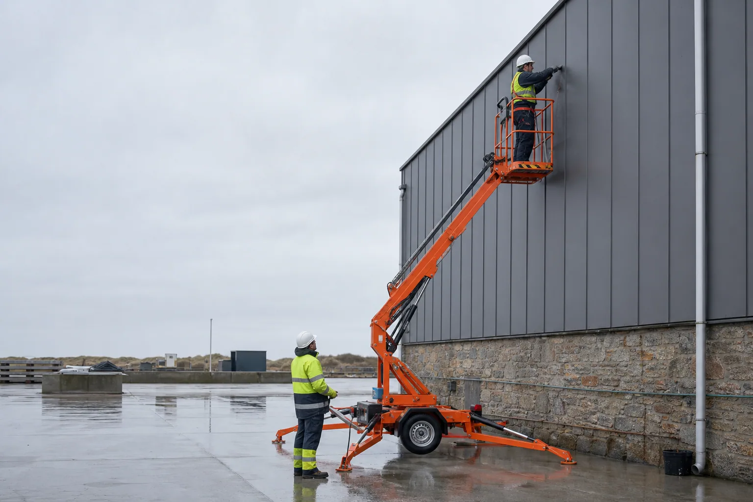 Une nacelle élévatrice orange intervient sur un bâtiment avec un technicien dans le panier et un opérateur au sol, dans le secteur de Cherbourg-en-Cotentin.