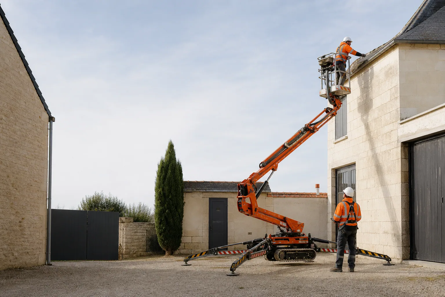 Une nacelle élévatrice orange intervient sur un bâtiment avec un technicien dans le panier et un opérateur au sol, dans le secteur de Cholet.