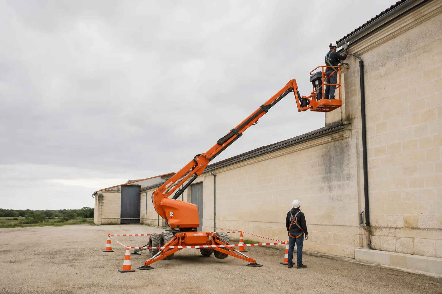 Une nacelle élévatrice orange intervient sur un bâtiment avec un technicien dans le panier et un opérateur au sol, dans le secteur de Cognac.