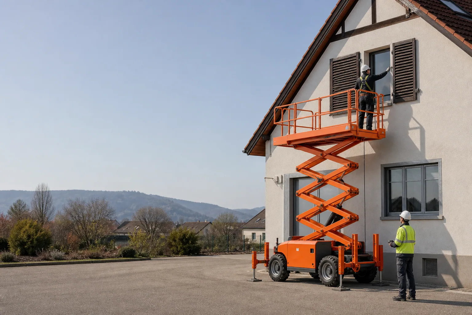Une nacelle élévatrice orange intervient sur un bâtiment avec un technicien dans le panier et un opérateur au sol, dans le secteur de Colmar.