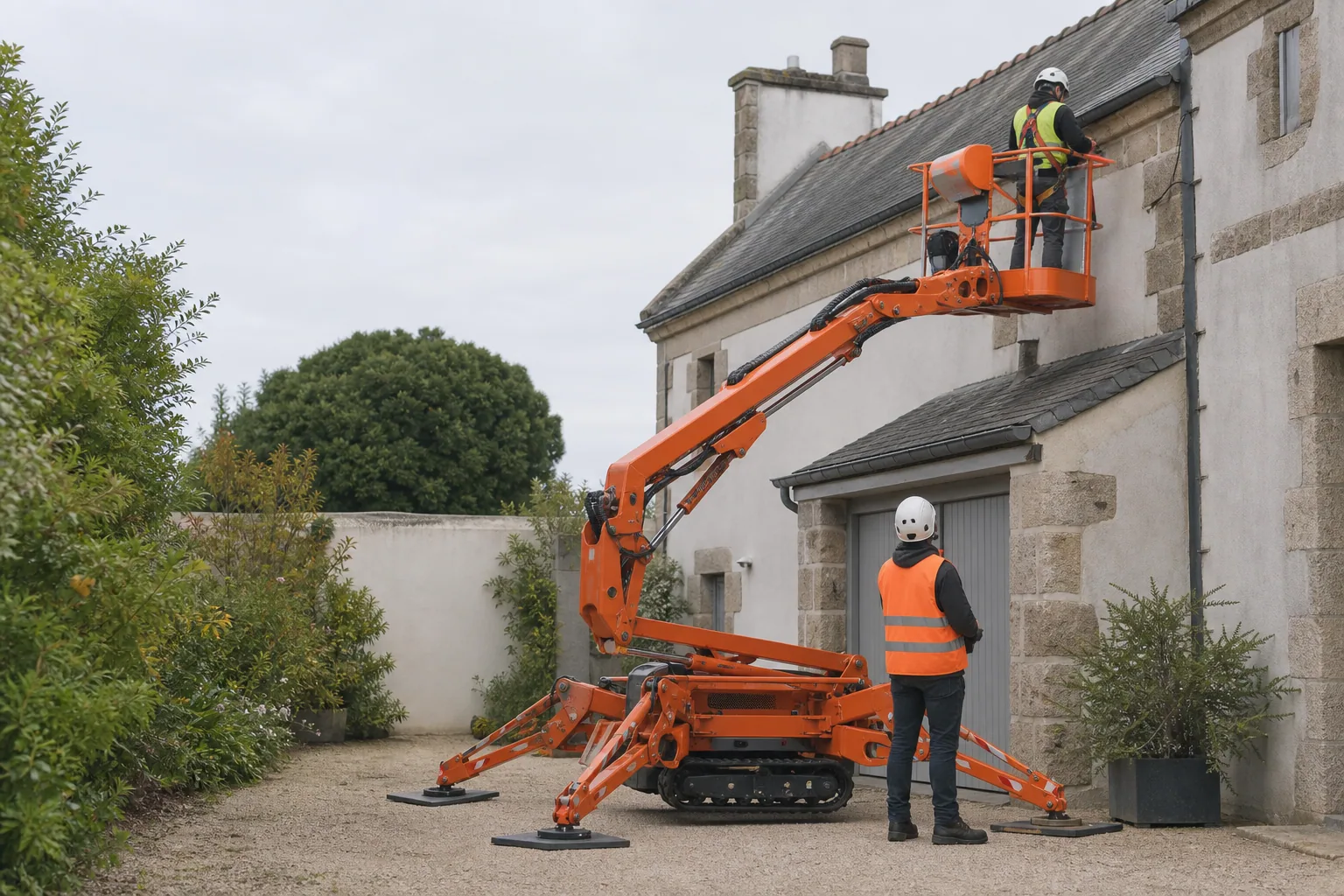 Une nacelle élévatrice orange intervient sur un bâtiment avec un technicien dans le panier et un opérateur au sol, dans le secteur de Concarneau.