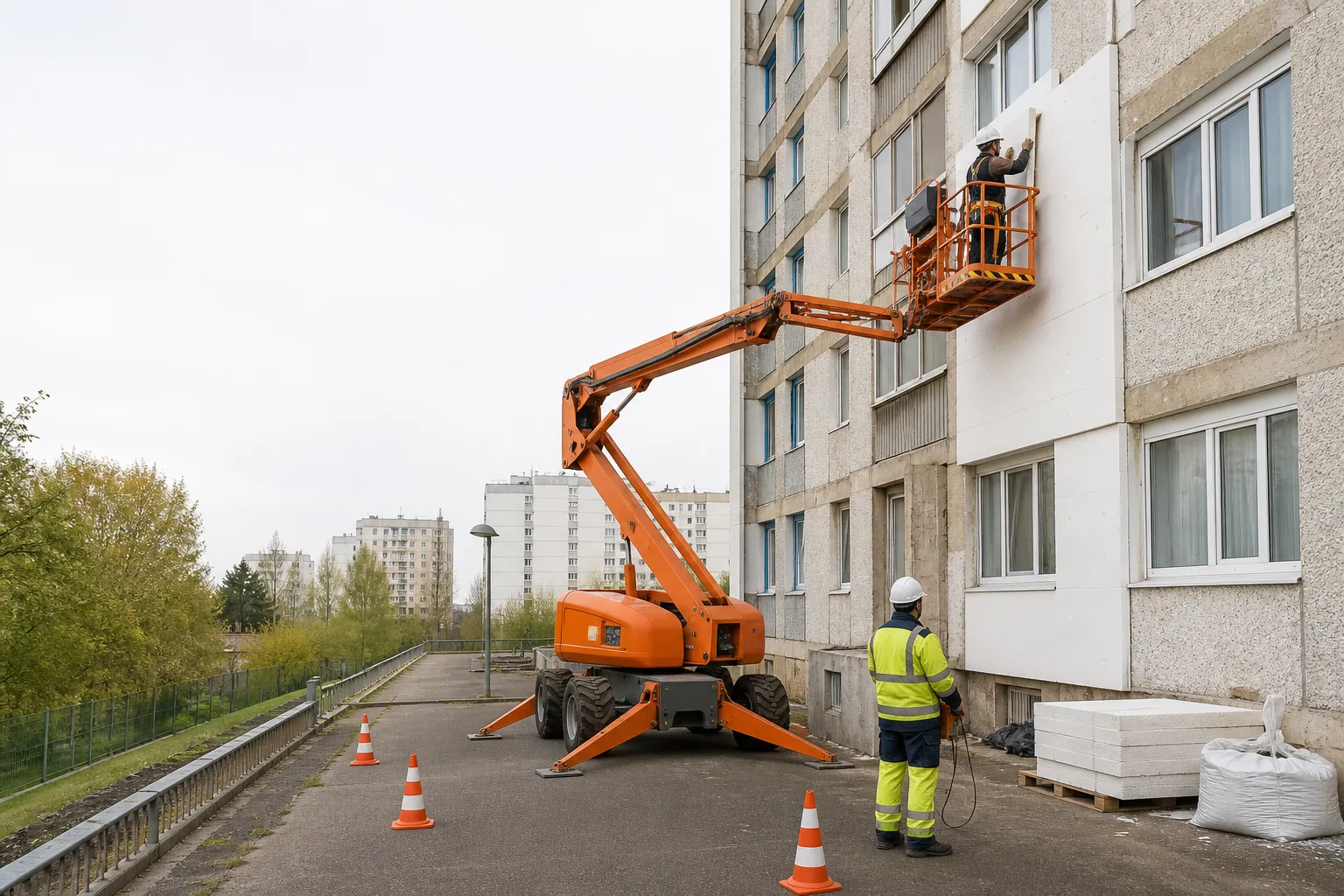 Une nacelle élévatrice orange intervient sur un bâtiment avec un technicien dans le panier et un opérateur au sol, dans le secteur de Créteil.
