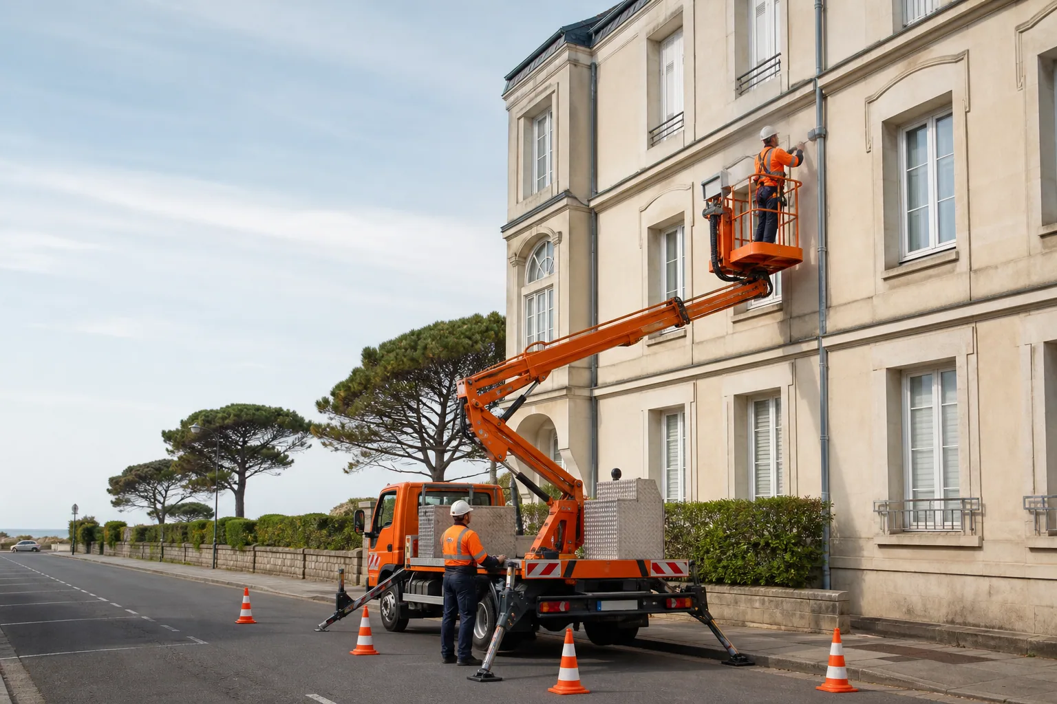 Une nacelle élévatrice orange intervient sur un bâtiment avec un technicien dans le panier et un opérateur au sol, dans le secteur de Dax.
