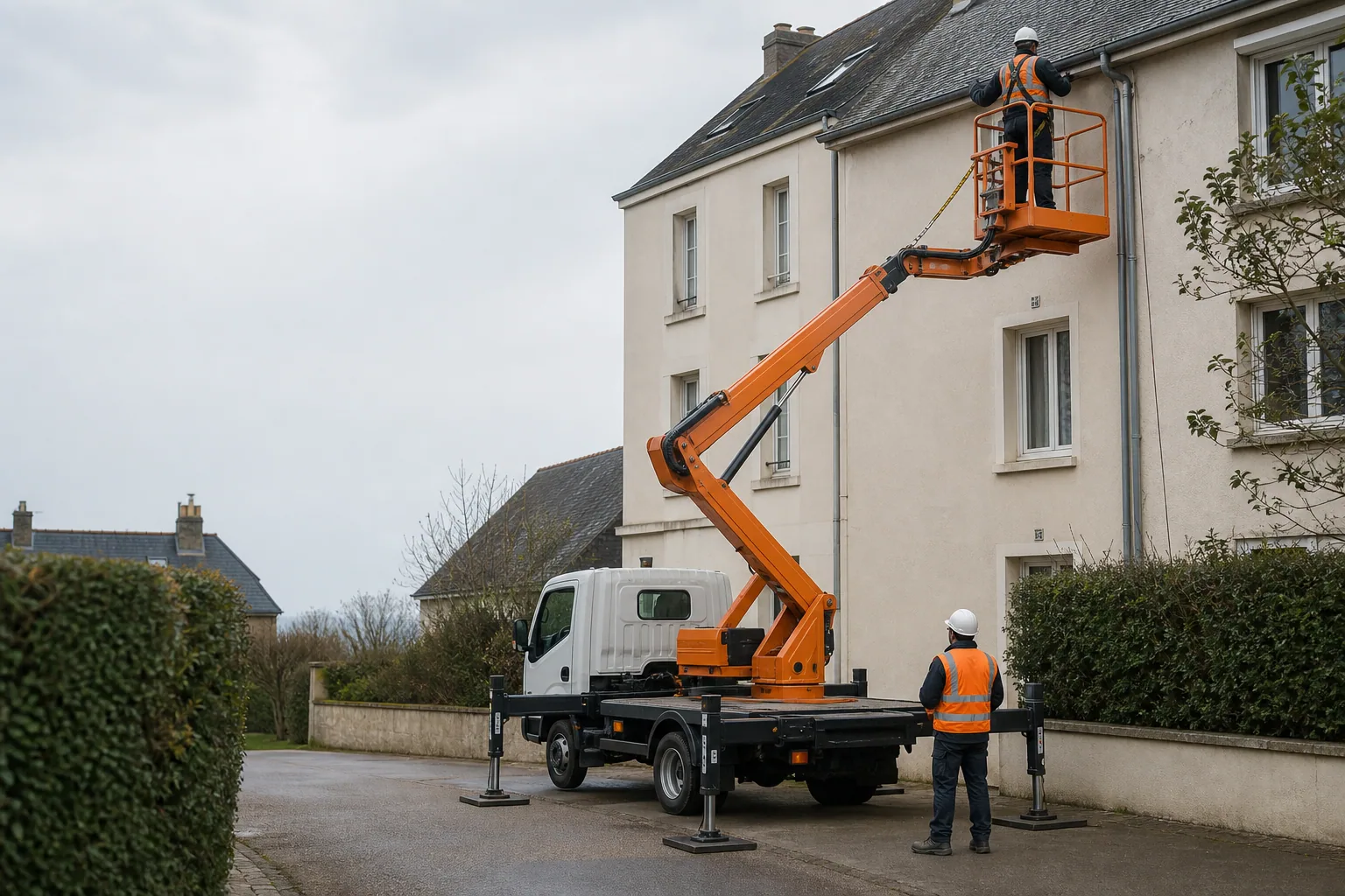 Une nacelle élévatrice orange intervient sur un bâtiment avec un technicien dans le panier et un opérateur au sol, dans le secteur de Dieppe.