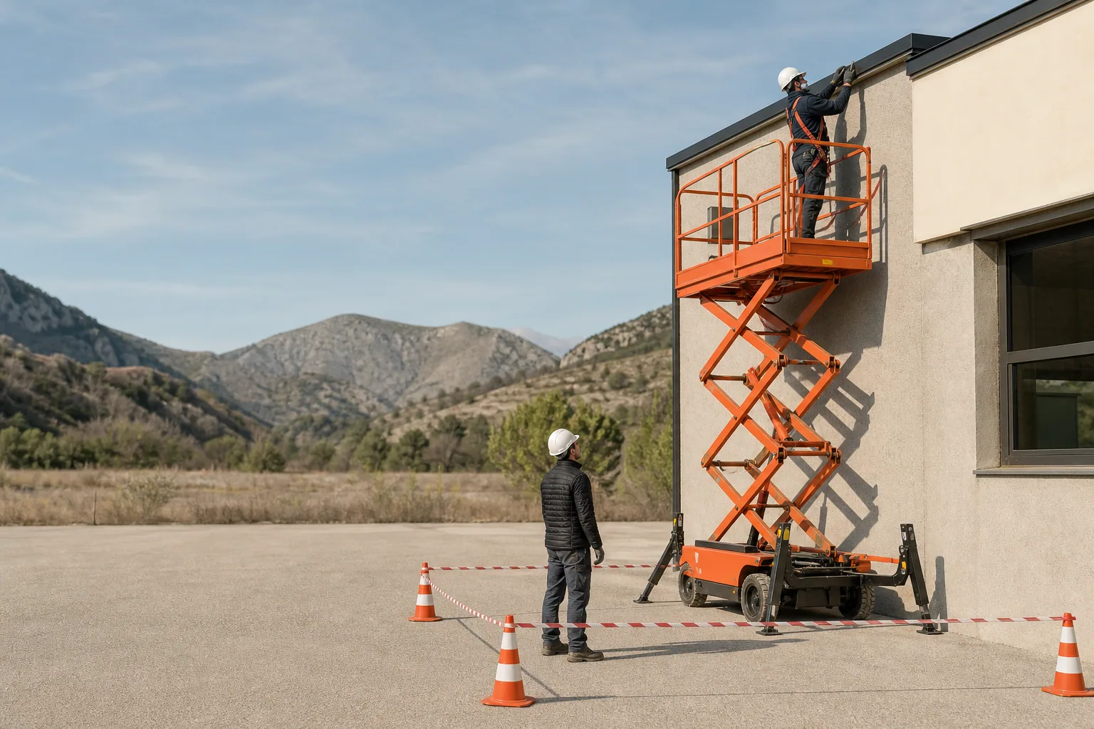 Une nacelle élévatrice orange intervient sur un bâtiment avec un technicien dans le panier et un opérateur au sol, dans le secteur de Digne-les-Bains.