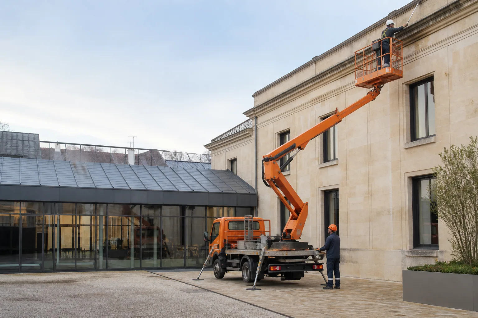 Une nacelle élévatrice orange intervient sur un bâtiment avec un technicien dans le panier et un opérateur au sol, dans le secteur de Dijon.