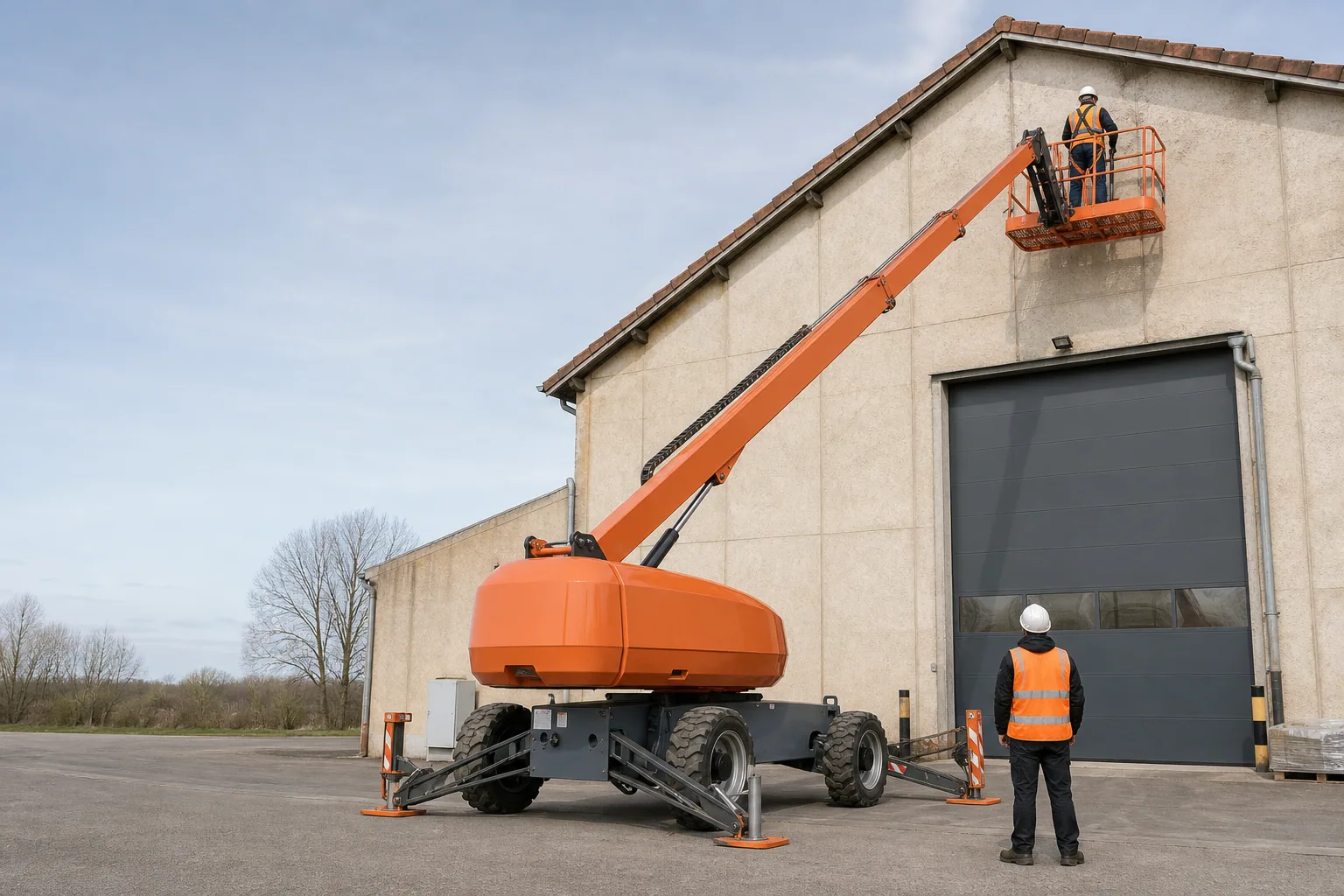 Une nacelle élévatrice orange intervient sur un bâtiment avec un technicien dans le panier et un opérateur au sol, dans le secteur de Dole.