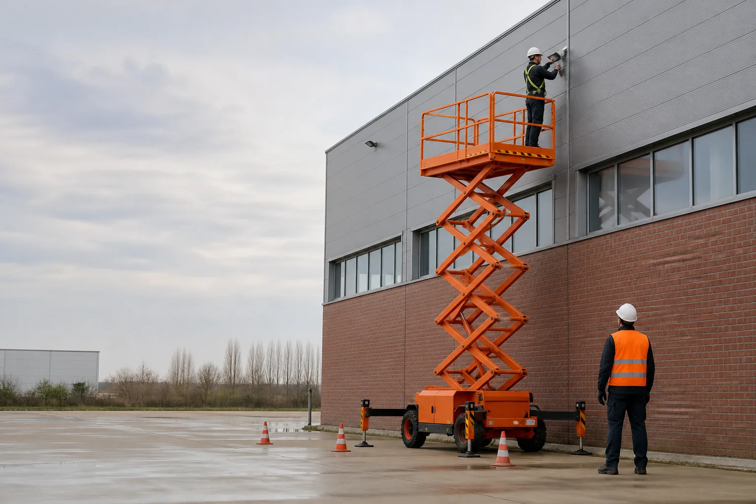 Une nacelle élévatrice orange intervient sur un bâtiment avec un technicien dans le panier et un opérateur au sol, dans le secteur de Douai.