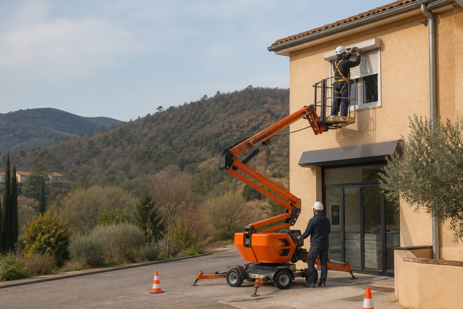 Une nacelle élévatrice orange intervient sur un bâtiment avec un technicien dans le panier et un opérateur au sol, dans le secteur de Draguignan.