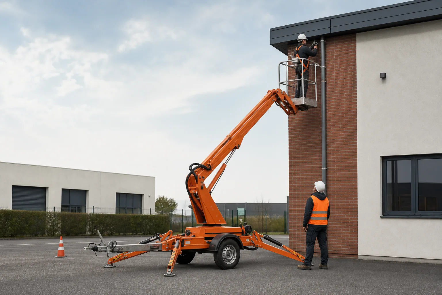 Une nacelle élévatrice orange intervient sur un bâtiment avec un technicien dans le panier et un opérateur au sol, dans le secteur de Dunkerque.