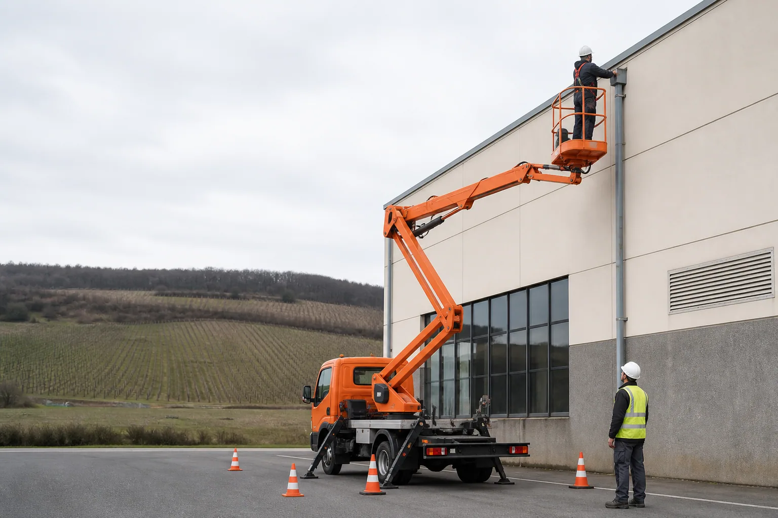 Une nacelle élévatrice orange intervient sur un bâtiment avec un technicien dans le panier et un opérateur au sol, dans le secteur de Épernay.