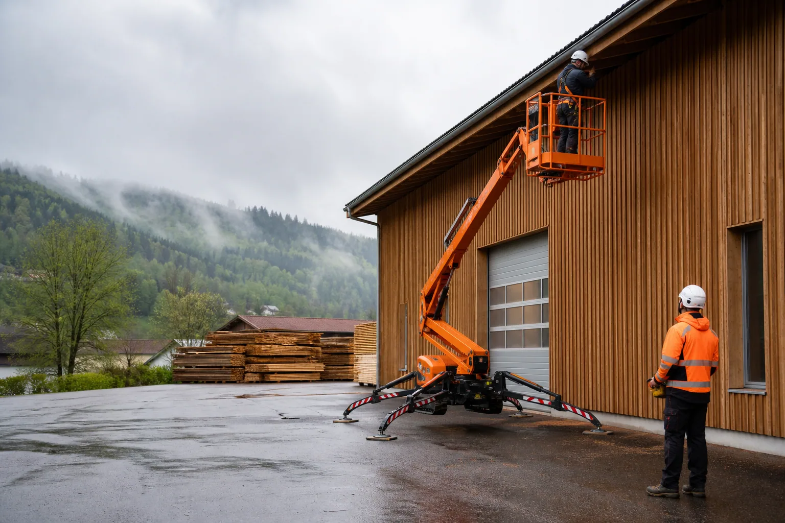 Une nacelle élévatrice orange intervient sur un bâtiment avec un technicien dans le panier et un opérateur au sol, dans le secteur de Épinal.