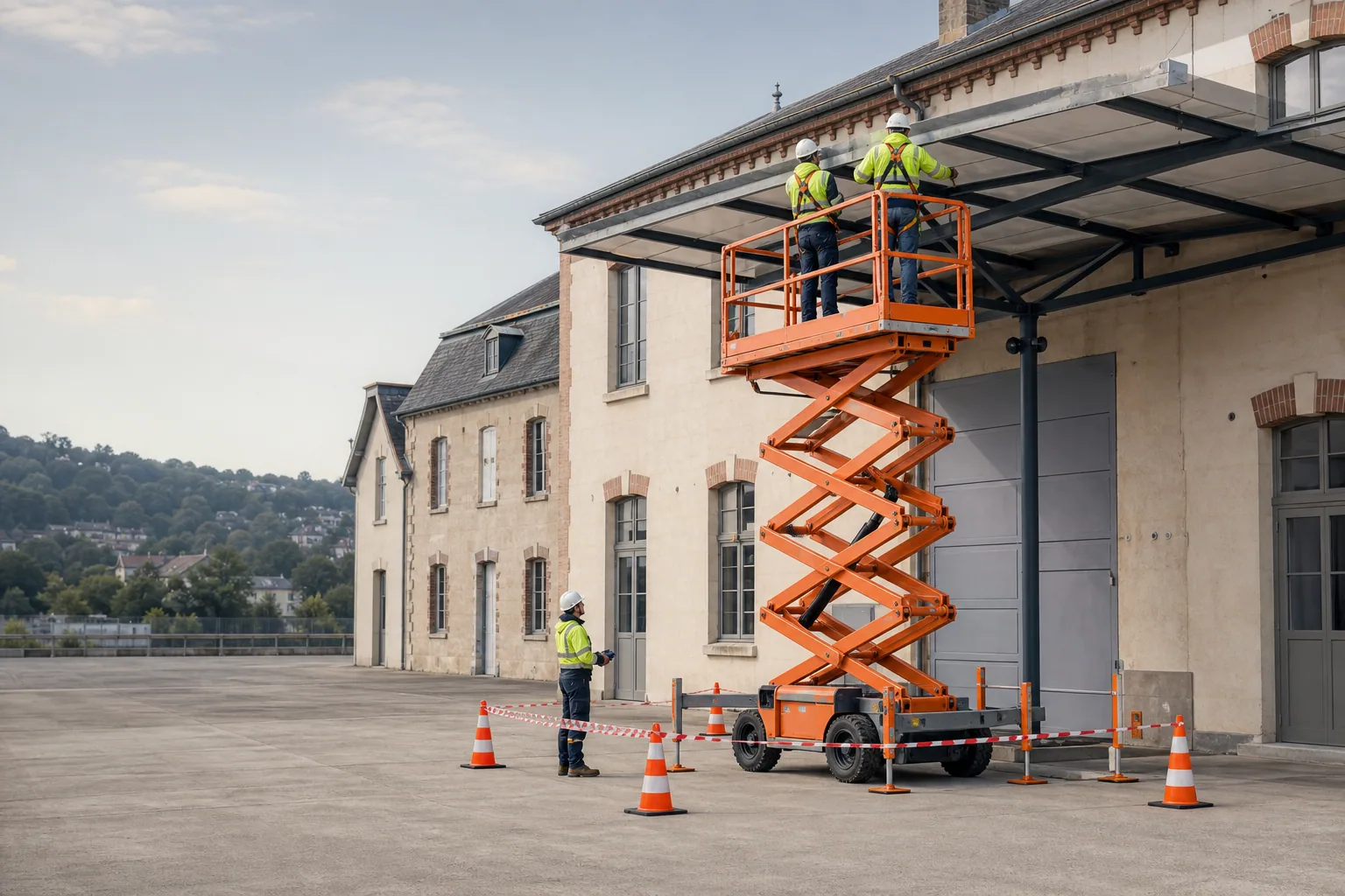 Une nacelle élévatrice orange intervient sur un bâtiment avec un technicien dans le panier et un opérateur au sol, dans le secteur de Évreux.