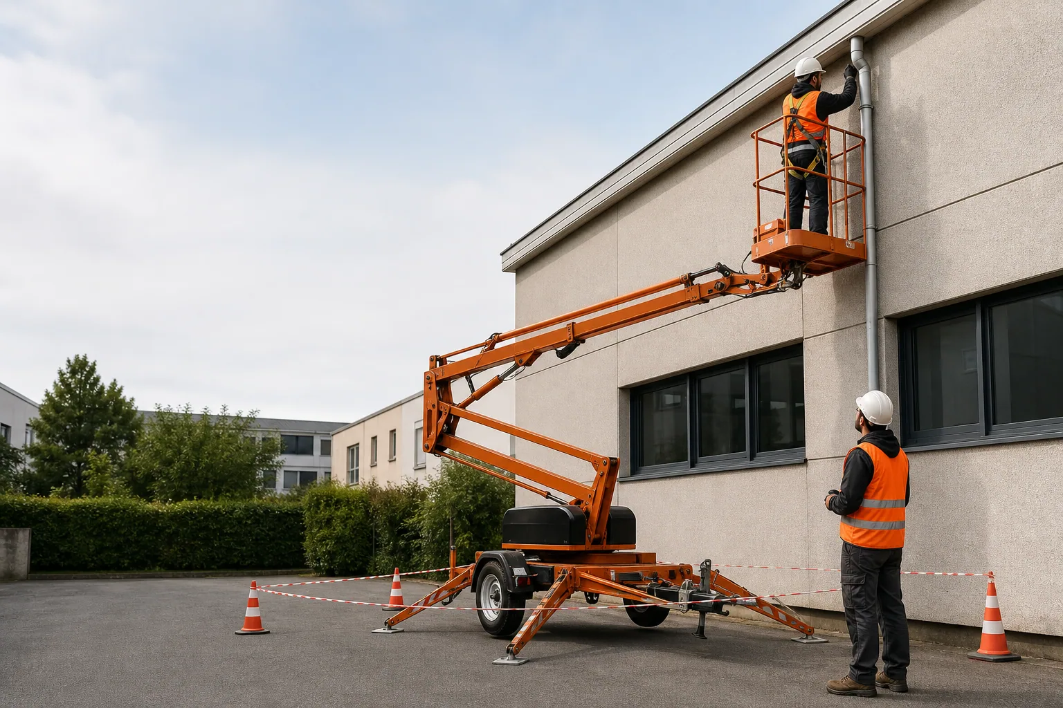 Une nacelle élévatrice orange intervient sur un bâtiment avec un technicien dans le panier et un opérateur au sol, dans le secteur de Évry-Courcouronnes.