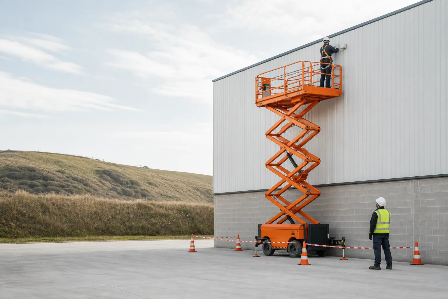 Une nacelle élévatrice orange intervient sur un bâtiment avec un technicien dans le panier et un opérateur au sol, dans le secteur de Fécamp.