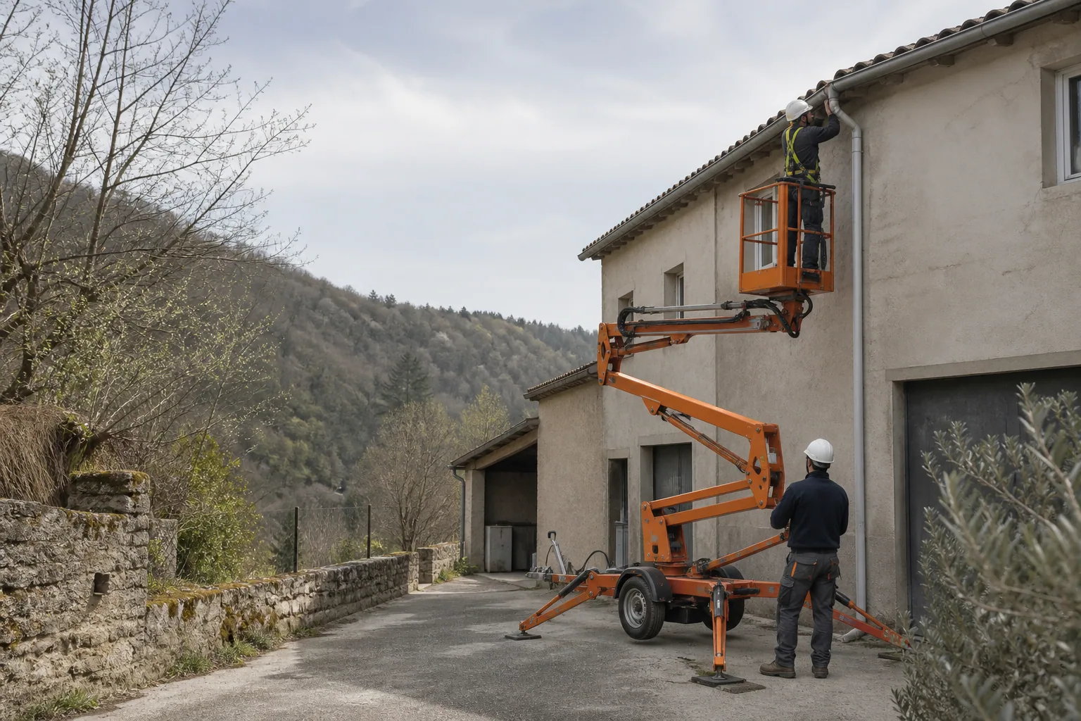 Une nacelle élévatrice orange intervient sur un bâtiment avec un technicien dans le panier et un opérateur au sol, dans le secteur de Foix.
