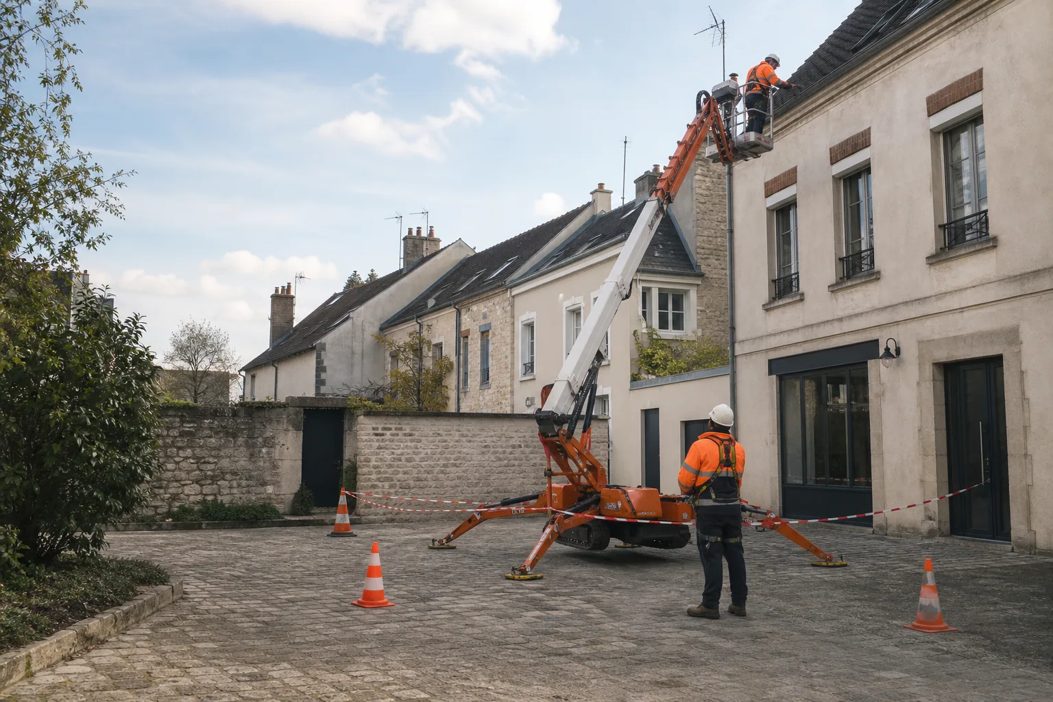 Une nacelle élévatrice orange intervient sur un bâtiment avec un technicien dans le panier et un opérateur au sol, dans le secteur de Fontainebleau.