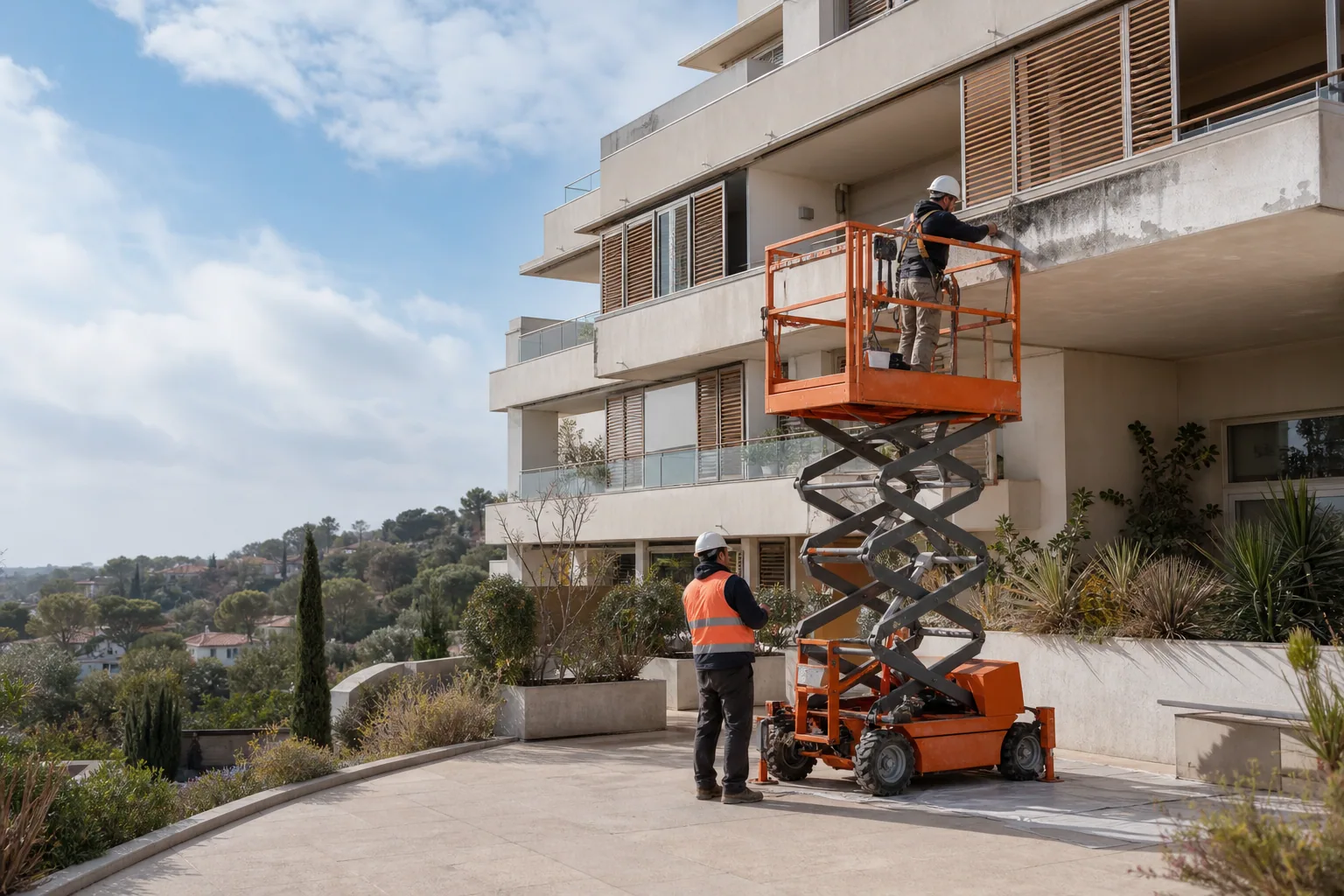 Une nacelle élévatrice orange intervient sur un bâtiment avec un technicien dans le panier et un opérateur au sol, dans le secteur de Fréjus.