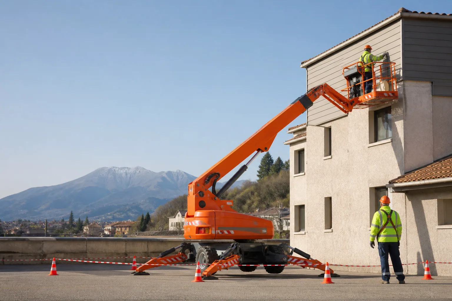 Une nacelle élévatrice orange intervient sur un bâtiment avec un technicien dans le panier et un opérateur au sol, dans le secteur de Gap.