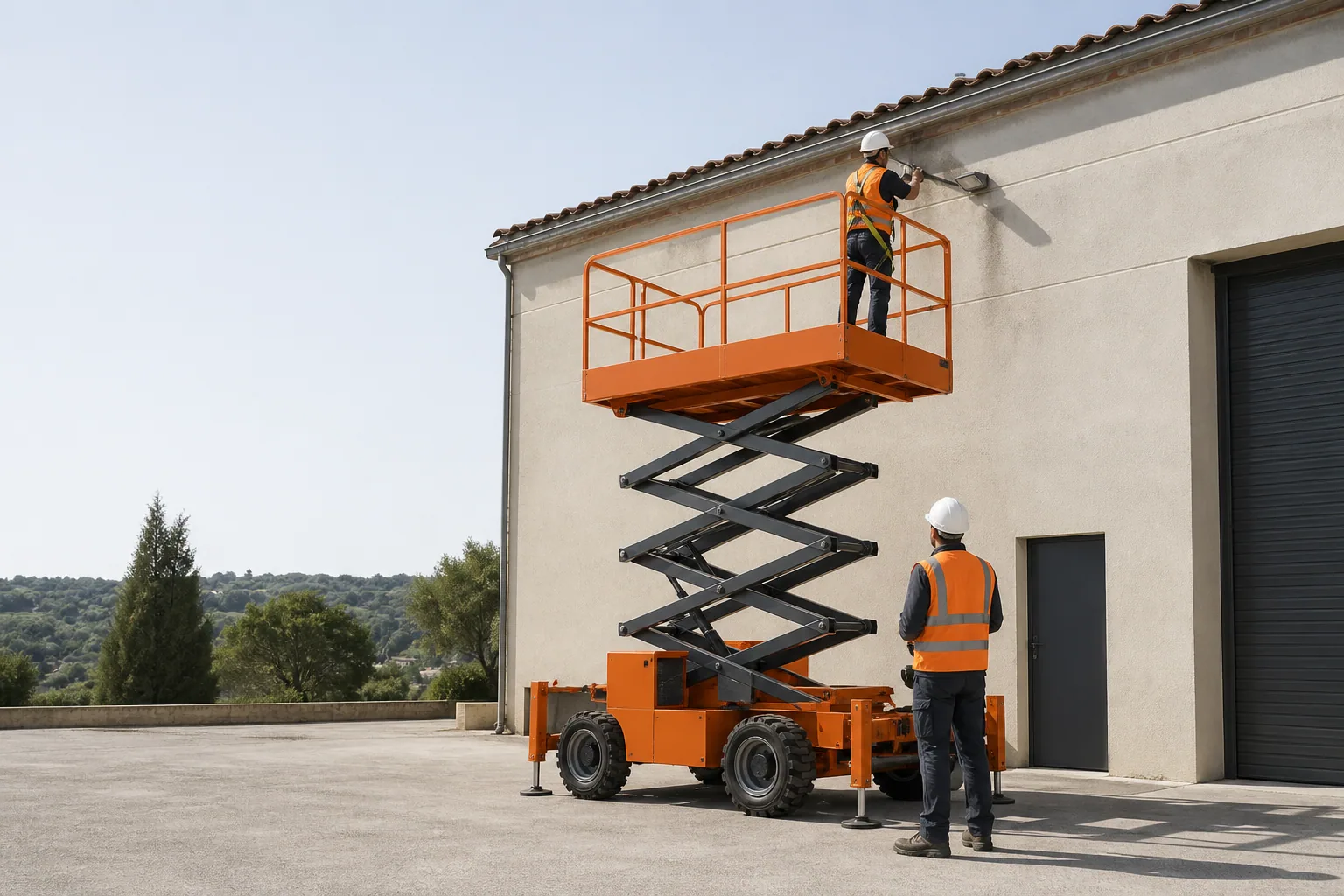 Une nacelle élévatrice orange intervient sur un bâtiment avec un technicien dans le panier et un opérateur au sol, dans le secteur de Grasse.