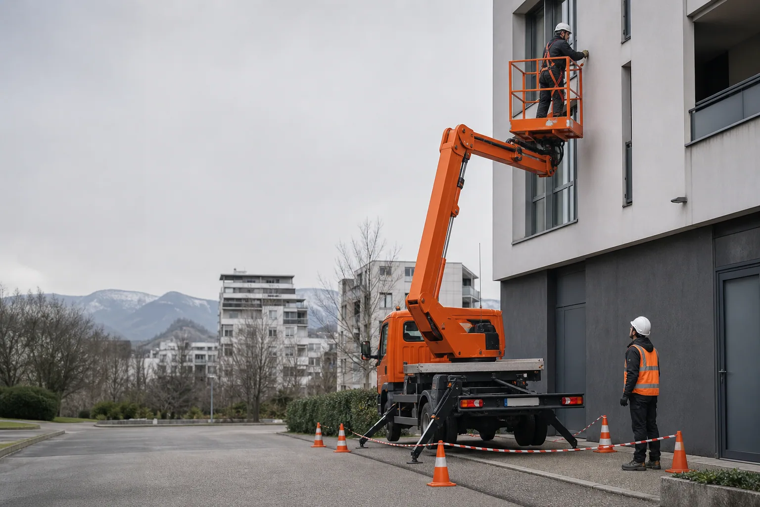 Une nacelle élévatrice orange intervient sur un bâtiment avec un technicien dans le panier et un opérateur au sol, dans le secteur de Grenoble.