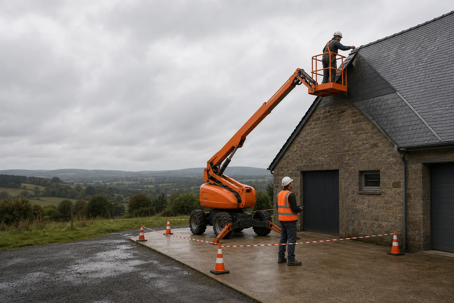 Une nacelle élévatrice orange intervient sur un bâtiment avec un technicien dans le panier et un opérateur au sol, dans le secteur de Guéret.