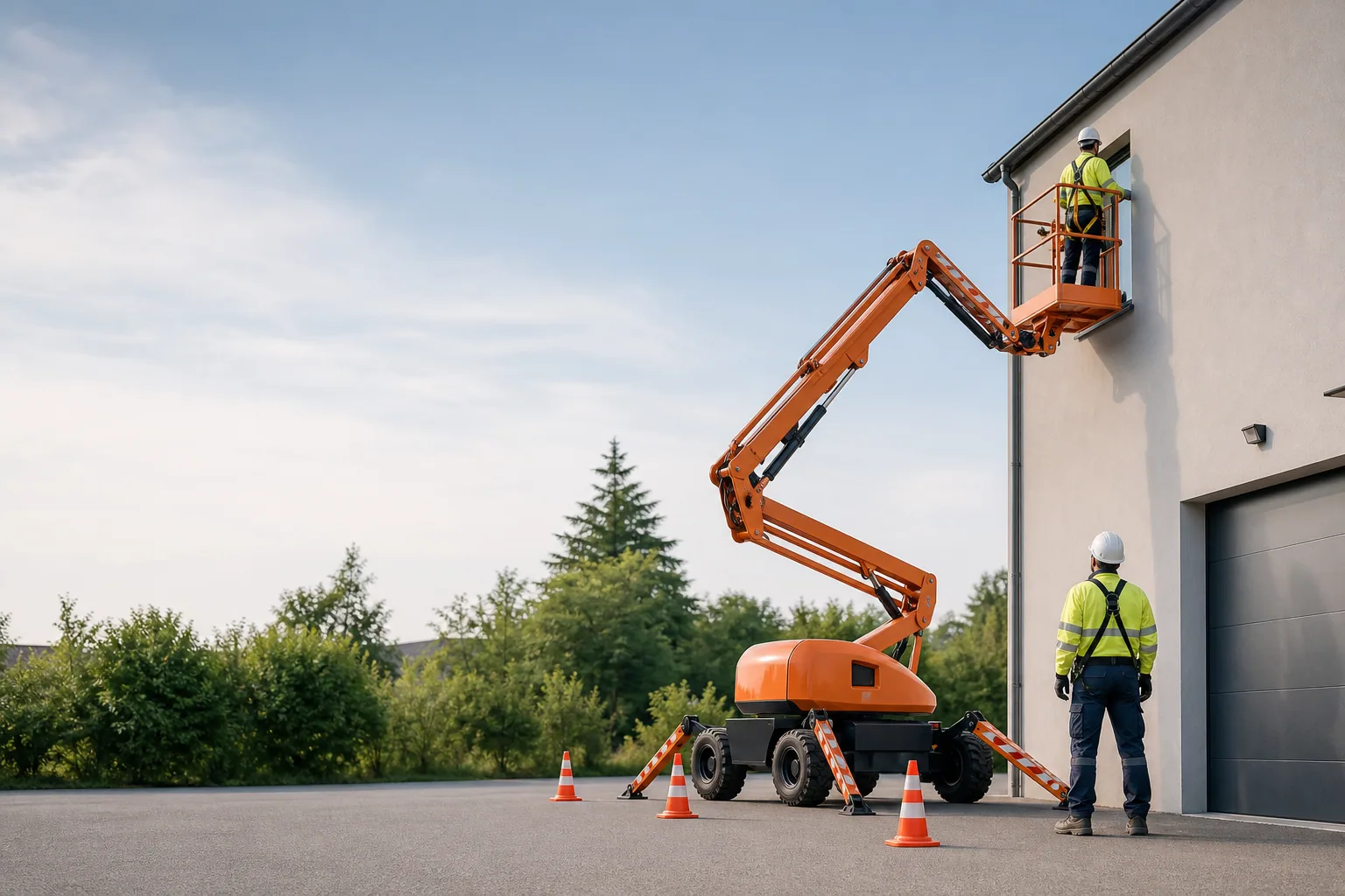 Une nacelle élévatrice orange intervient sur un bâtiment avec un technicien dans le panier et un opérateur au sol, dans le secteur de Haguenau.