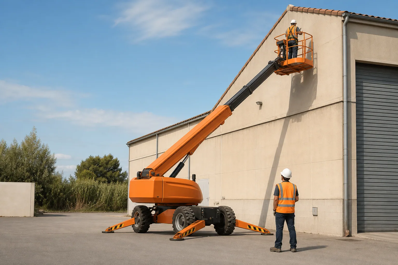 Une nacelle élévatrice orange intervient sur un bâtiment avec un technicien dans le panier et un opérateur au sol, dans le secteur de Hyères.