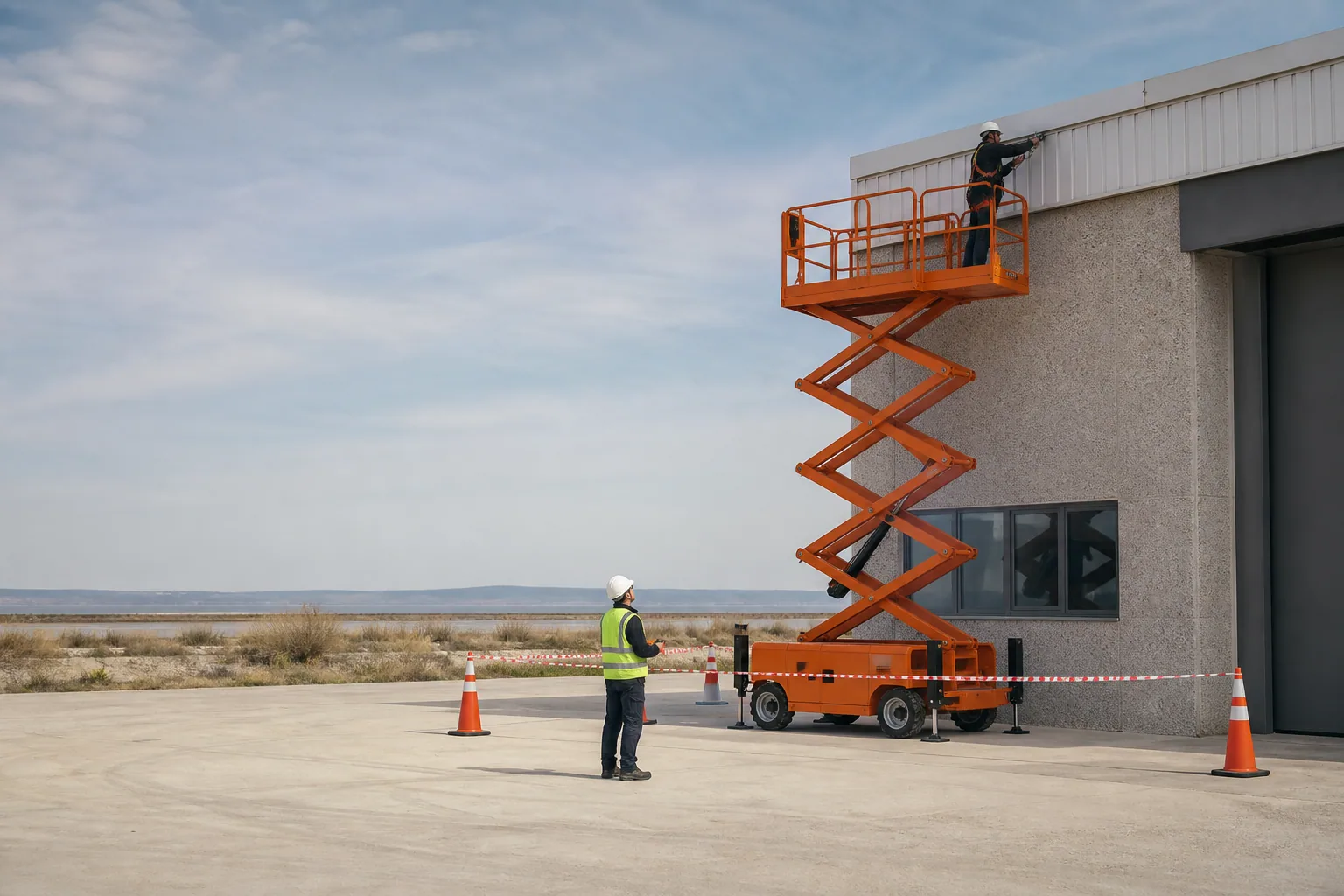 Une nacelle élévatrice orange intervient sur un bâtiment avec un technicien dans le panier et un opérateur au sol, dans le secteur de Istres.