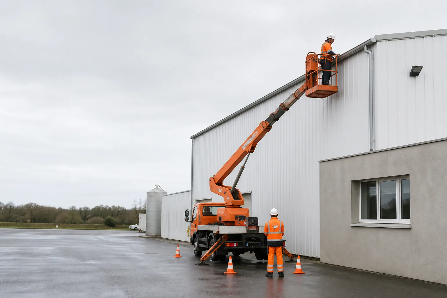 Une nacelle élévatrice orange intervient sur un bâtiment avec un technicien dans le panier et un opérateur au sol, dans le secteur de La Roche-sur-Yon.