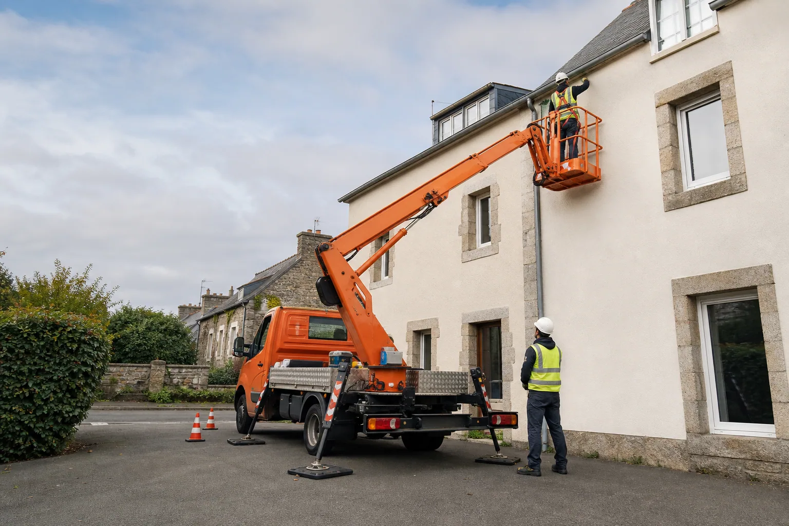 Une nacelle élévatrice orange intervient sur un bâtiment avec un technicien dans le panier et un opérateur au sol, dans le secteur de Lannion.