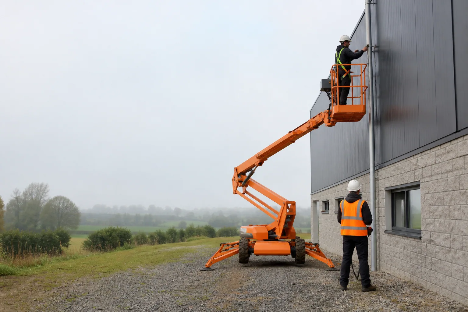 Une nacelle élévatrice orange intervient sur un bâtiment avec un technicien dans le panier et un opérateur au sol, dans le secteur de Laval.