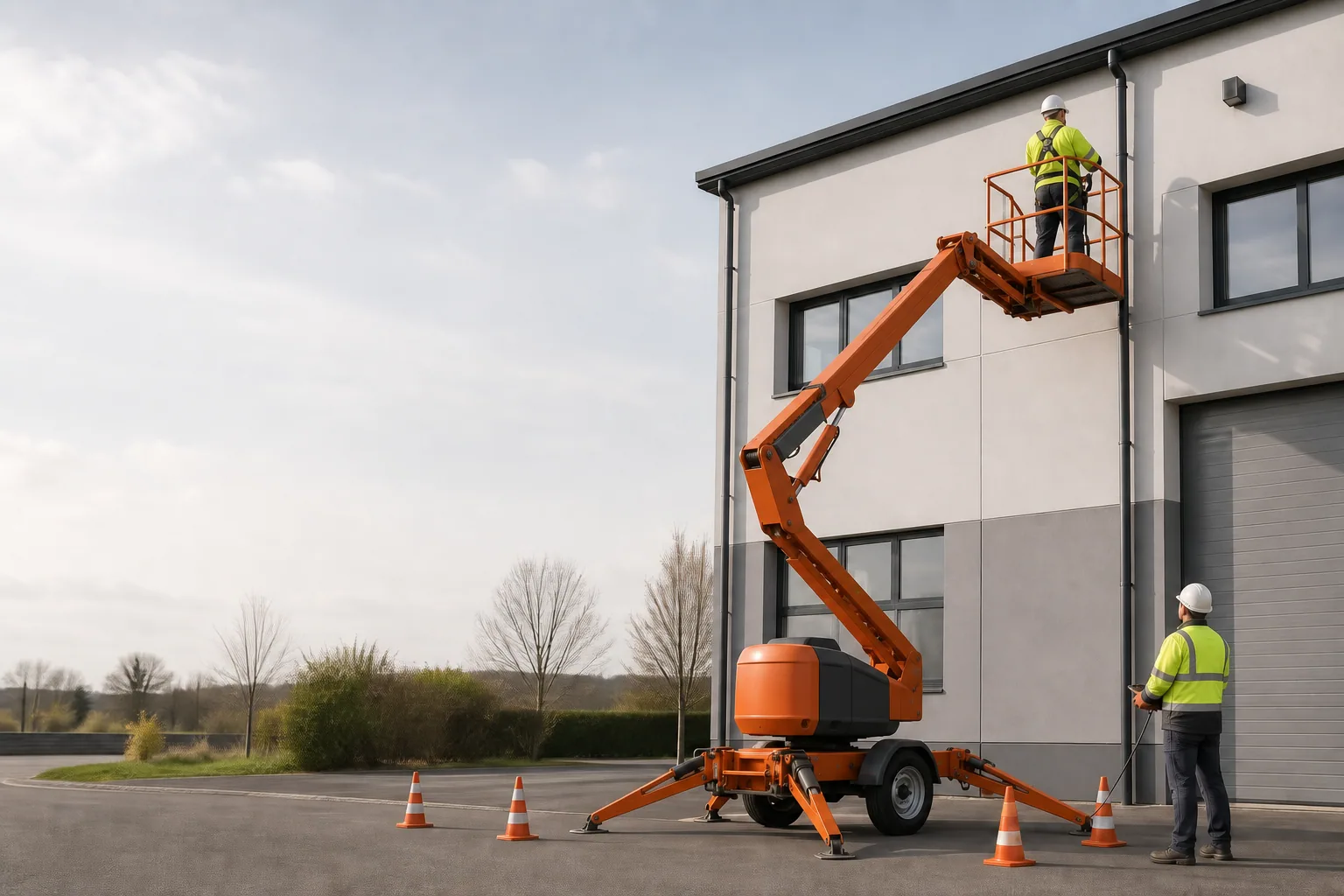 Une nacelle élévatrice orange intervient sur un bâtiment avec un technicien dans le panier et un opérateur au sol, dans le secteur de Le Creusot.