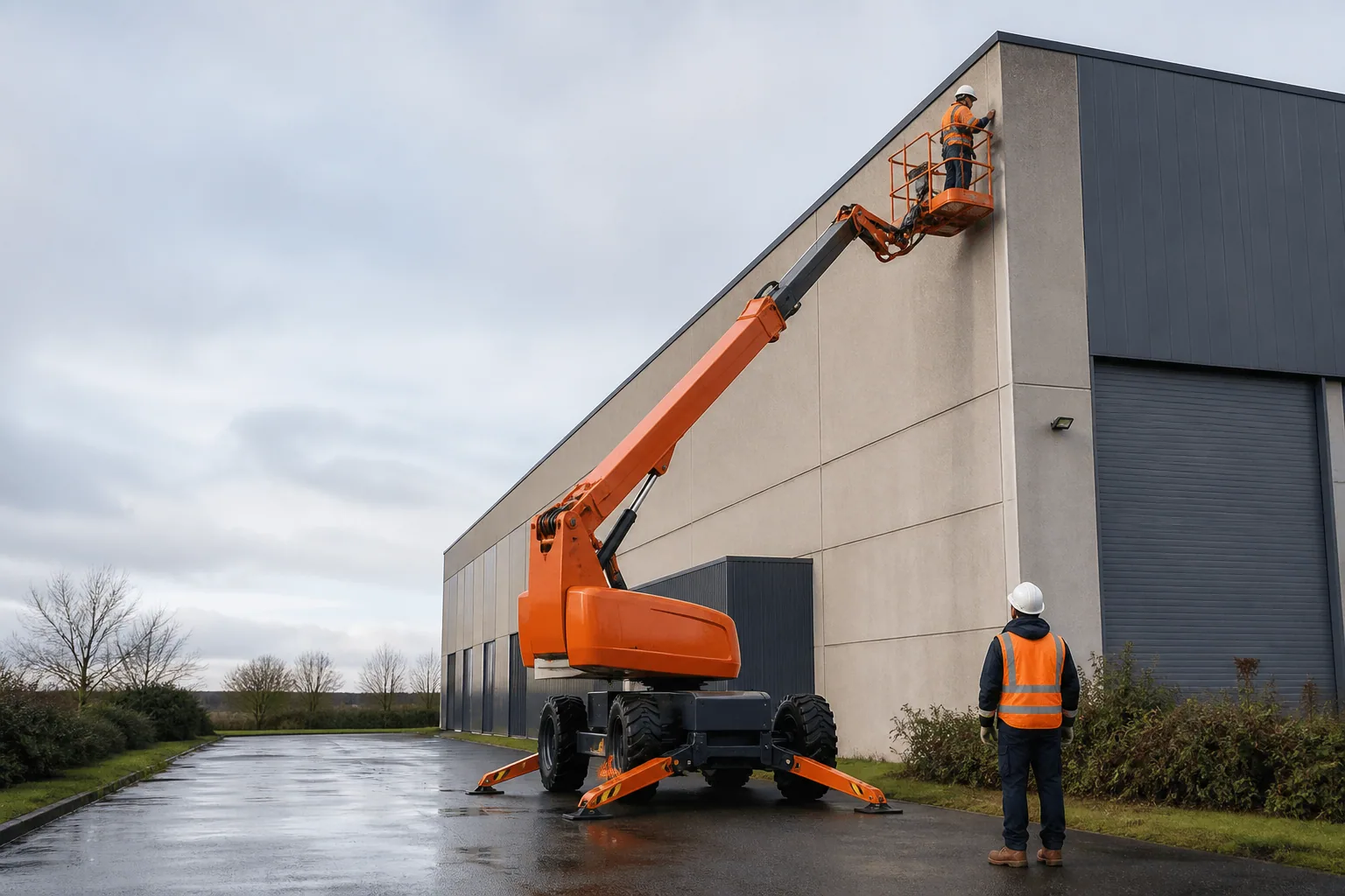 Une nacelle élévatrice orange intervient sur un bâtiment avec un technicien dans le panier et un opérateur au sol, dans le secteur de Le Havre.