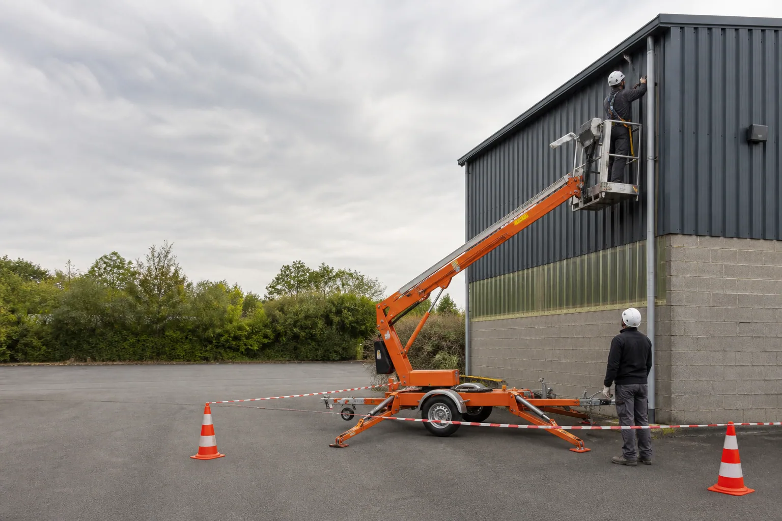 Une nacelle élévatrice orange intervient sur un bâtiment avec un technicien dans le panier et un opérateur au sol, dans le secteur de Le Mans.