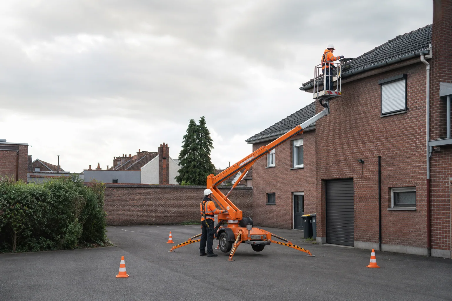 Une nacelle élévatrice orange intervient sur un bâtiment avec un technicien dans le panier et un opérateur au sol, dans le secteur de Lens.