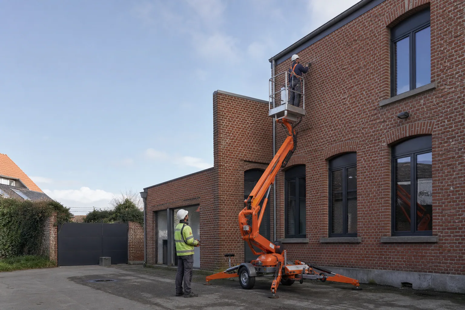Une nacelle élévatrice orange intervient sur un bâtiment avec un technicien dans le panier et un opérateur au sol, dans le secteur de Lille.