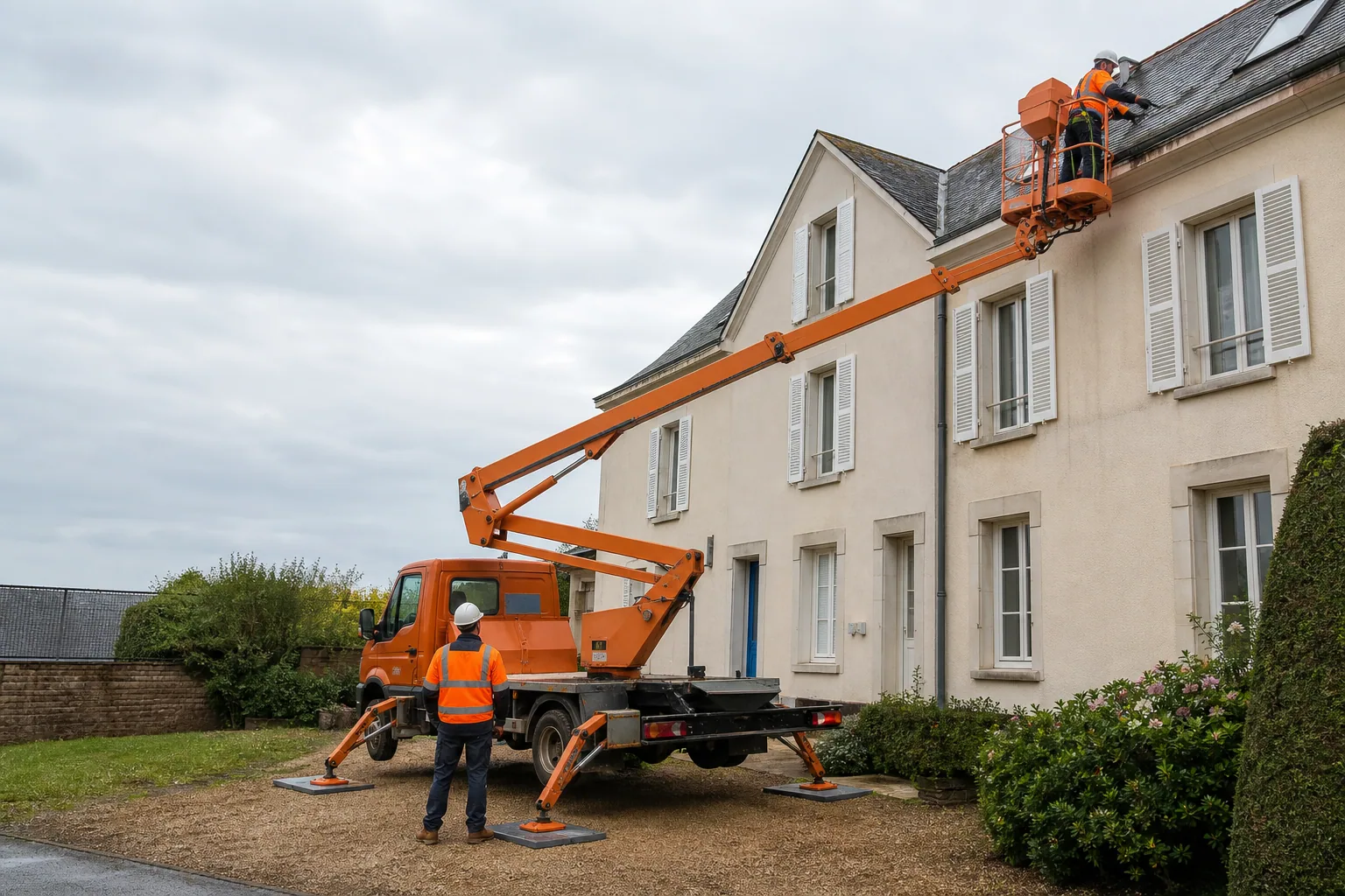 Une nacelle élévatrice orange intervient sur un bâtiment avec un technicien dans le panier et un opérateur au sol, dans le secteur de Lisieux.
