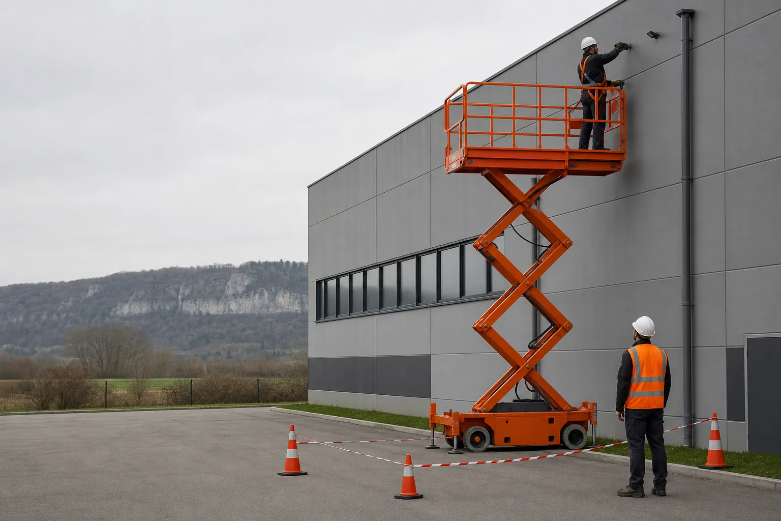Une nacelle élévatrice orange intervient sur un bâtiment avec un technicien dans le panier et un opérateur au sol, dans le secteur de Lons-le-Saunier.