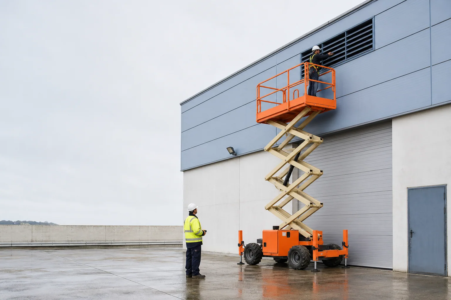 Une nacelle élévatrice orange intervient sur un bâtiment avec un technicien dans le panier et un opérateur au sol, dans le secteur de Lorient.