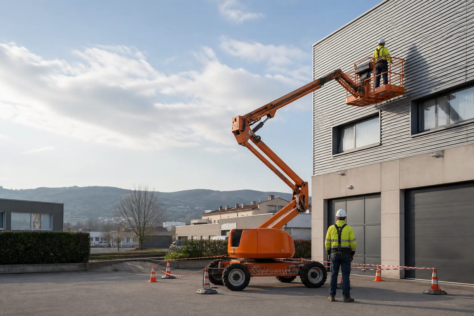 Une nacelle élévatrice orange intervient sur un bâtiment avec un technicien dans le panier et un opérateur au sol, dans le secteur de Lyon.
