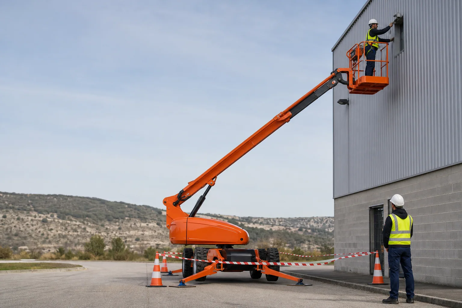 Une nacelle élévatrice orange intervient sur un bâtiment avec un technicien dans le panier et un opérateur au sol, dans le secteur de Manosque.